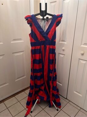 crown & ivy Preppy Dress Stripe Maxi Ruffle Tie Coastal Red Tiered V-neck Sz 16